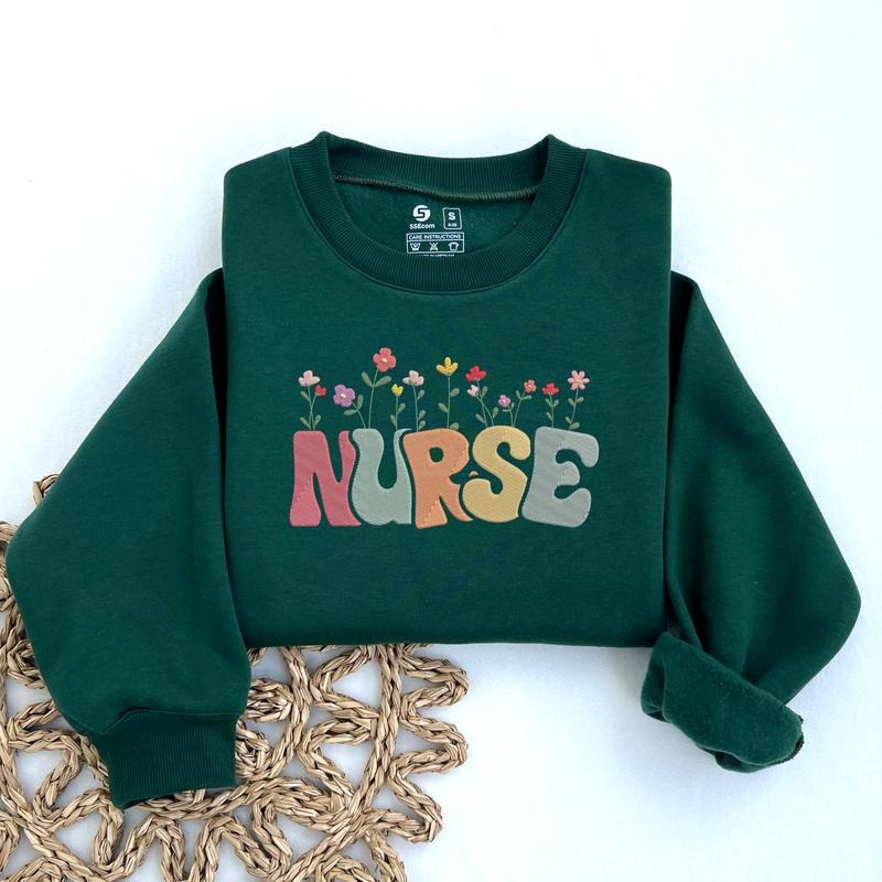 Floral Nurse Embroidered Sweatshirt, Groovy Nurse Sweater, Nursing Student Crewneck, Registered Nurse Sweatshirt