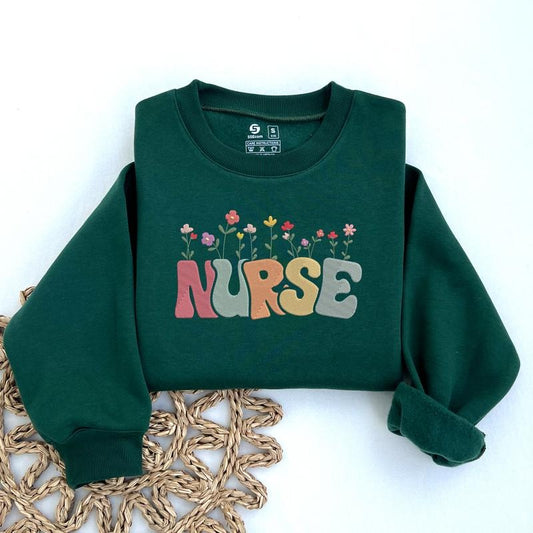 Floral Nurse Embroidered Sweatshirt, Groovy Nurse Sweater, Nursing Student Crewneck, Registered Nurse Sweatshirt