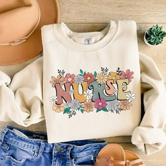 Floral Nurse Sweatshirt For Work, Cute Nurse Shirt, Nurse Crewneck, Registered Nurse Sweater, Nurse Gift, New Nurse Gift, Nicu, Peds, RN