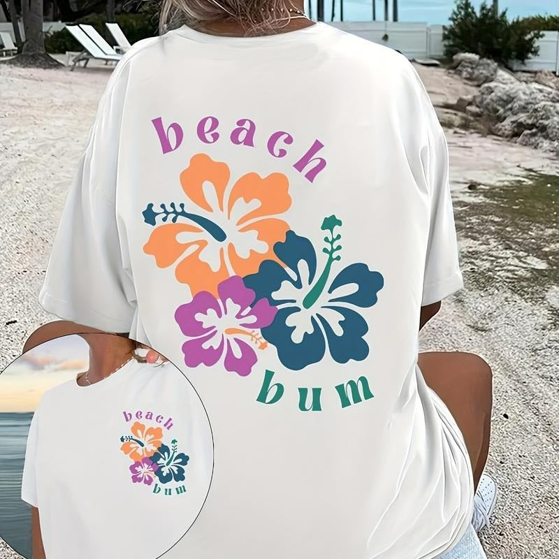 Floral Print Drop Shoulder T-shirt, Short Sleeve Crew Neck Casual Top For Spring & Summer, Women's Clothing