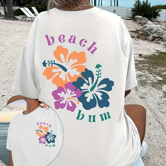 Floral Print Drop Shoulder T-shirt, Short Sleeve Crew Neck Casual Top For Spring & Summer, Women's Clothing