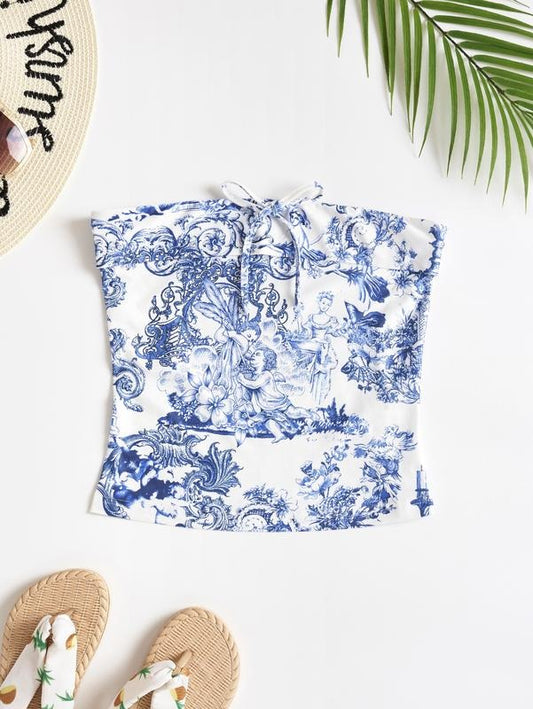 Floral Print Tube Top Strapless Bandeau Tops Bow Front Corset Tops T-Shirts, Hoodie, Sweatshirt | WearSparks.com