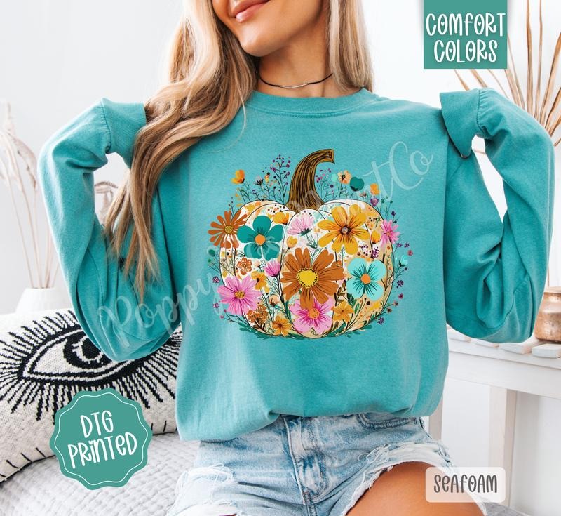 Floral Pumpkin Comfort Colors Long Sleeve T-Shirt, Cute Women's Fall Tee Hoodie, Sweatshirt | WearSparks.com