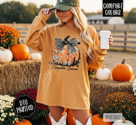 Floral Pumpkin Season Comfort Colors Long Sleeve T-Shirt, Cute Women's Fall Tee Hoodie, Sweatshirt | WearSparks.com