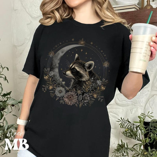 Floral Raccoon Vintage Graphic T-shirts Retro Raccoon Moon Tshirt Raccoon Lovers Funny Raccon Tee Oversized Washed Tee Raccoon Gifts TK43GN