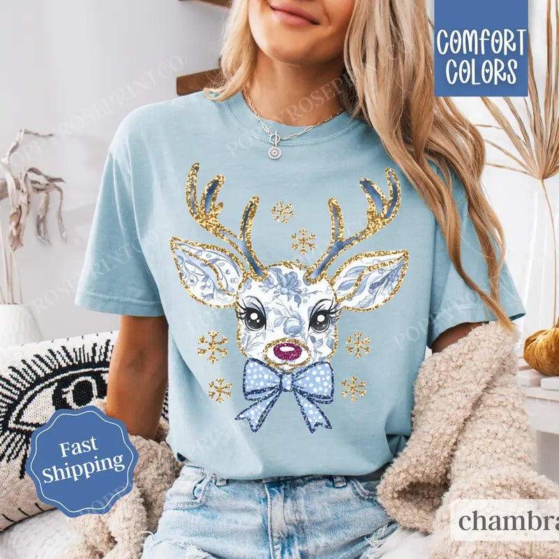 Floral Reindeer Christmas Shirt, Blue Floral Christmas Tee,  Womens Holiday Tshirt