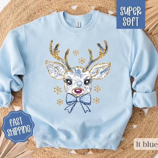 Floral Reindeer Christmas Sweatshirt, Blue Floral Christmas Crewneck,  Womens Holiday Sweater