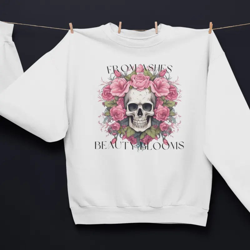 Floral Skull Sweatshirt, Goth Inspired Pullover, Boho Chic Skeleton Print Sweatshirt