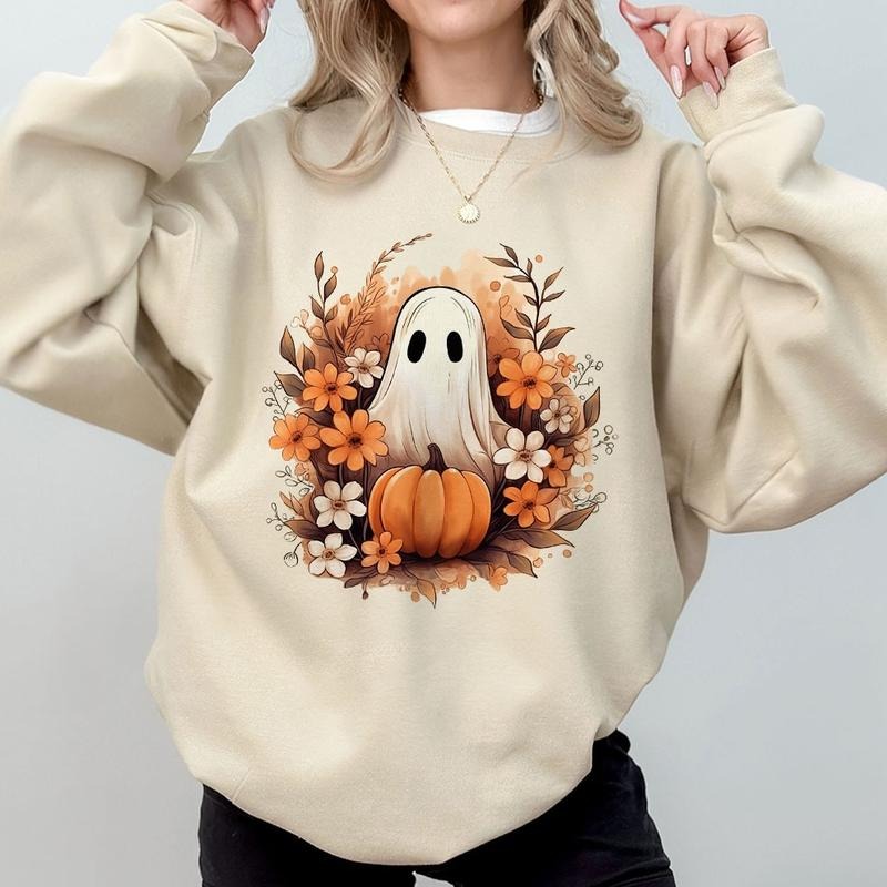Floral Spooky Ghost Shirt, Autumn Ghost Comfort Tee, Fall Ghost T-Shirt, Pumpkins Floral Graphic Tee, Boo Fall Shirt, Boo Shirt, Halloween Shirt, Halloween Flowers, Ghost Fall Shirt, Fall Halloween Women Tops