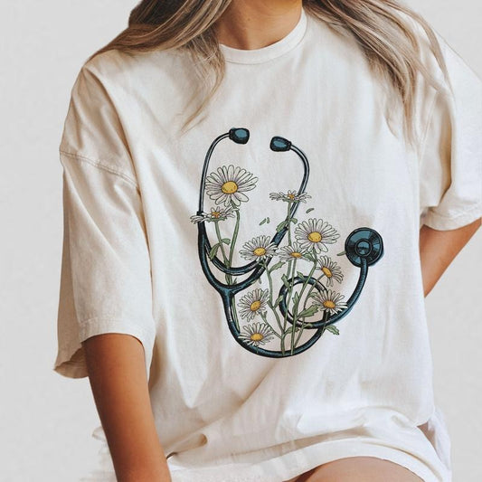 Floral Stethoscope T-Shirt, Nurse Stethoscope Shirts, Shirt For Nurse, Comfort Color Nurse Shirts, Nurse Daisy Flower Stethoscope Shirts, Doctor or Nurse Tshirts, Women's Nursing School Shirt, Nurse Graduation Gift, Shirt For Women, Women Tops Breathable