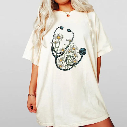 Floral Stethoscope T-Shirt, Nurse Stethoscope Shirts, Shirt For Nurse, Nurse Shirts, Nurse Daisy Flower Stethoscope Shirts, Doctor or Nurse Tshirts, Women's Nursing School Shirt, Women Tops Breathable