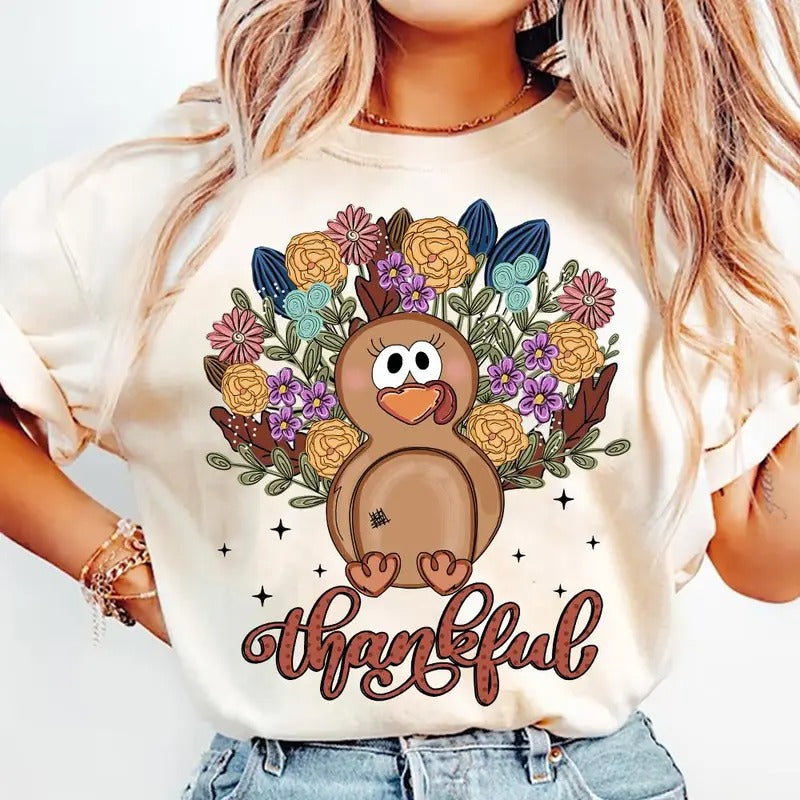 Floral Turkey Thanksgiving T-Shirt, Coquette Thankful Fall Pumpkin Sweatshirt, Hand Drawn Pumpkin Spice Holiday Clothing, Unisex
