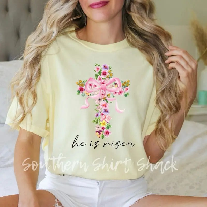 Floral cross He is Risen | Easter T shirt |  yellow  comfort colors t shirt