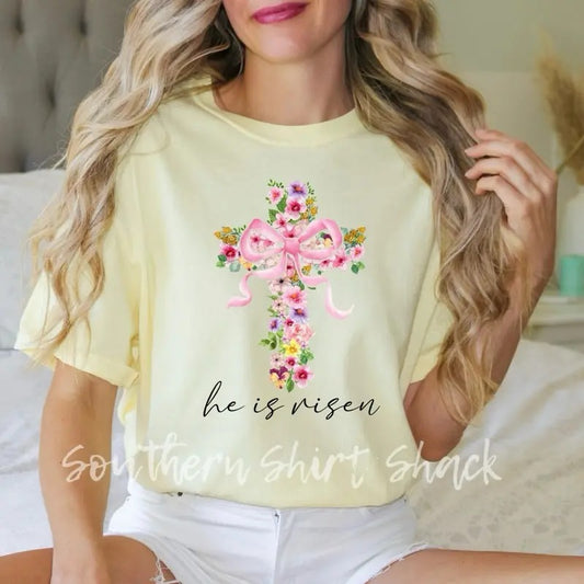 Floral cross He is Risen | Easter T shirt |  yellow  comfort colors t shirt