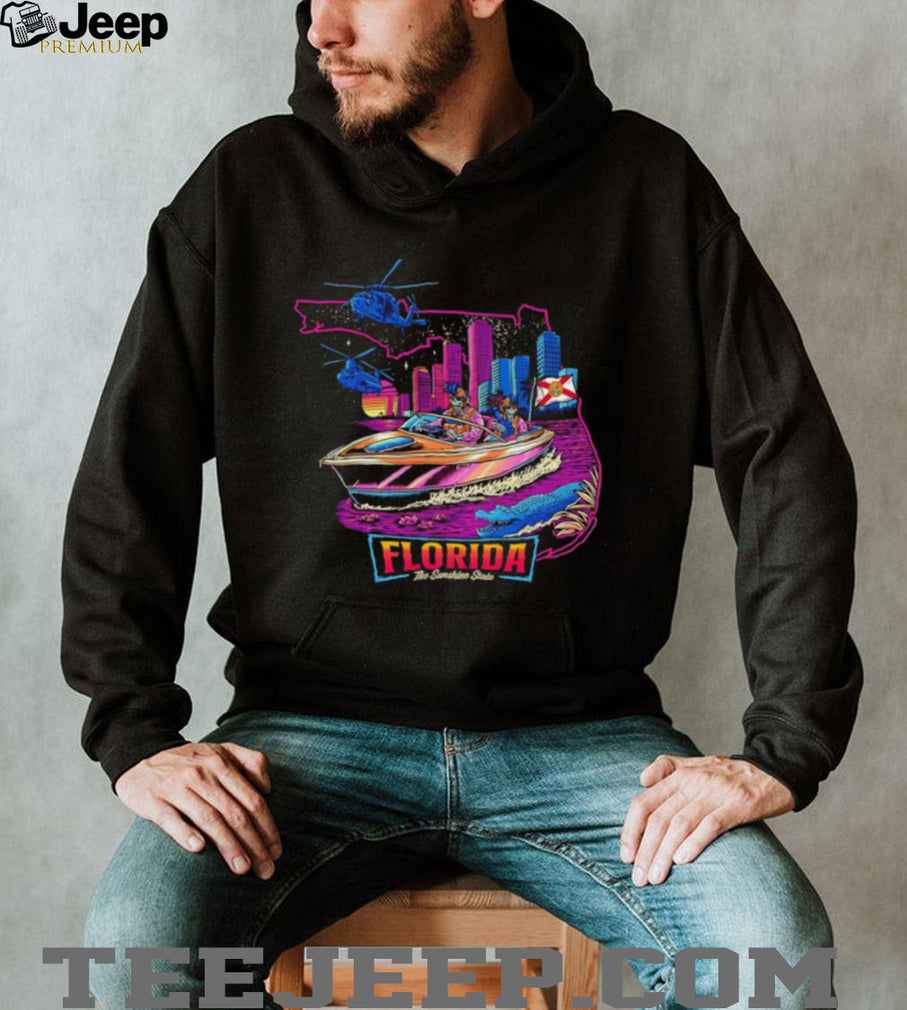 Florida The Sunshine State Neon Retro Boat Scene T Shirt