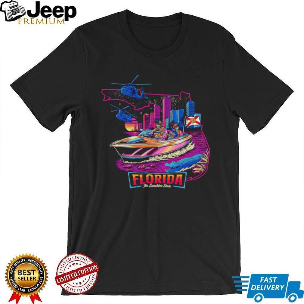 Florida The Sunshine State Neon Retro Boat Scene T Shirt