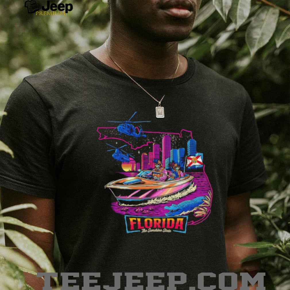 Florida The Sunshine State Neon Retro Boat Scene T Shirt