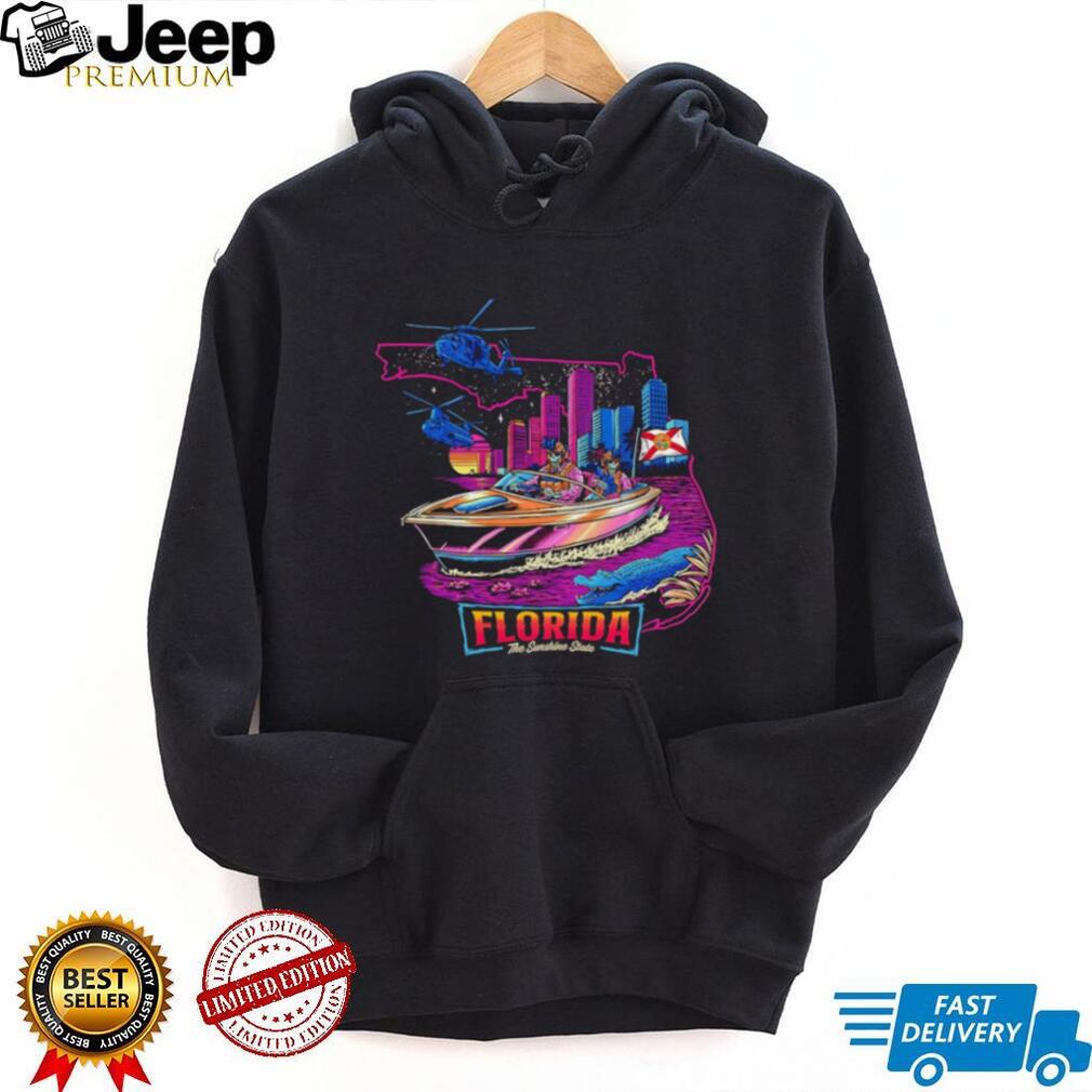Florida The Sunshine State Neon Retro Boat Scene T Shirt