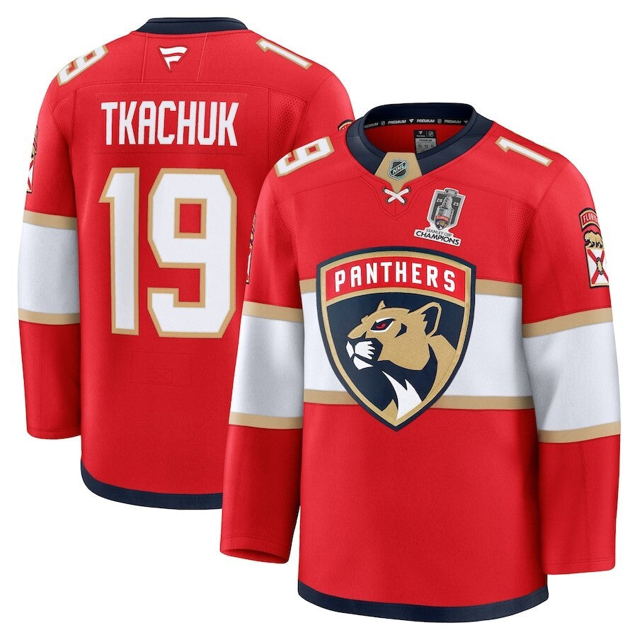 Florida Panthers #19 Matthew Tkachuk Home 2025 Stanley Cup Champions Premium Patched Jersey - Red