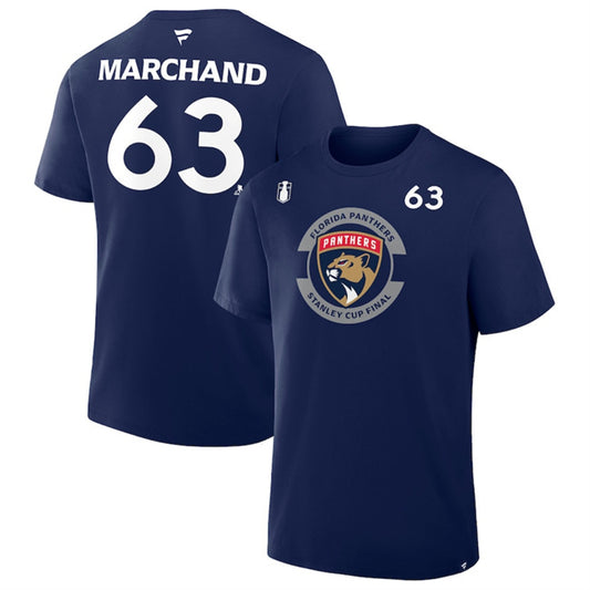 Florida Panthers #63 Brad Marchand Navy 2025 Stanley Cup Final Pro Name & Number T