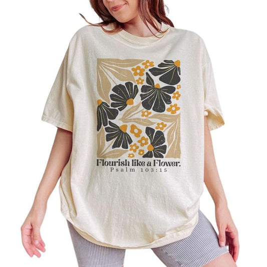 Flourish Like a Flower Shirt, Boho Christian Bible Verse Graphic Tee Women, Psalms Flourish Printed T-shirt, Wildflower Christian Comfort Shirt Casual Style, Cotton Fabric Outfit, Religious Gift For Women, Womenswear Cotton Fabric Relaxed Chic Style
