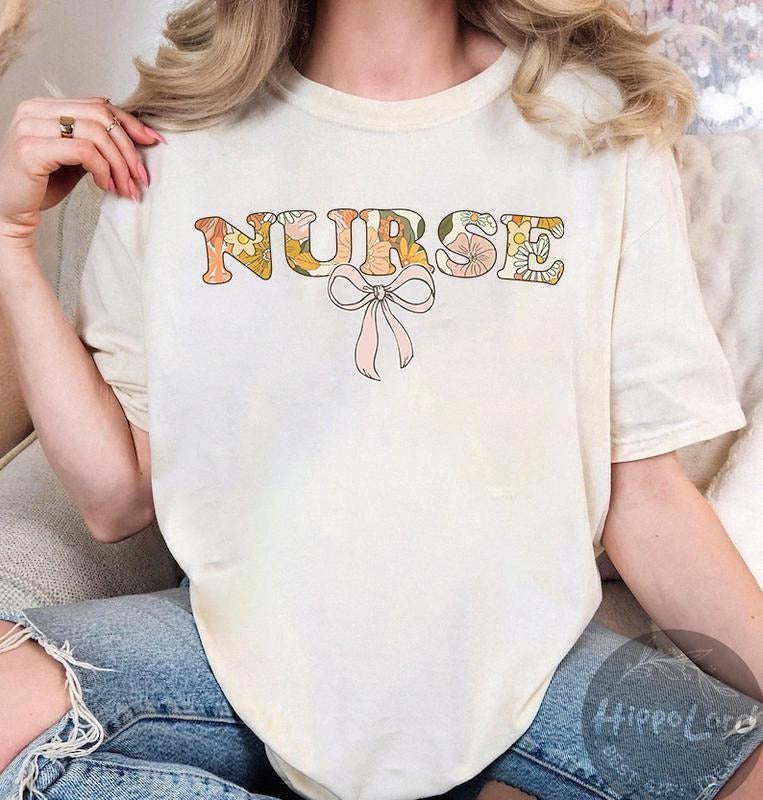 Flower Nurse Shirt, Cute Retro Bow Nurse Shirt, Floral Nurse Shirt, Trendy Nurse Shirt, Nurse Shirt, Gift For Her Top Womenswear Tshirt Summer