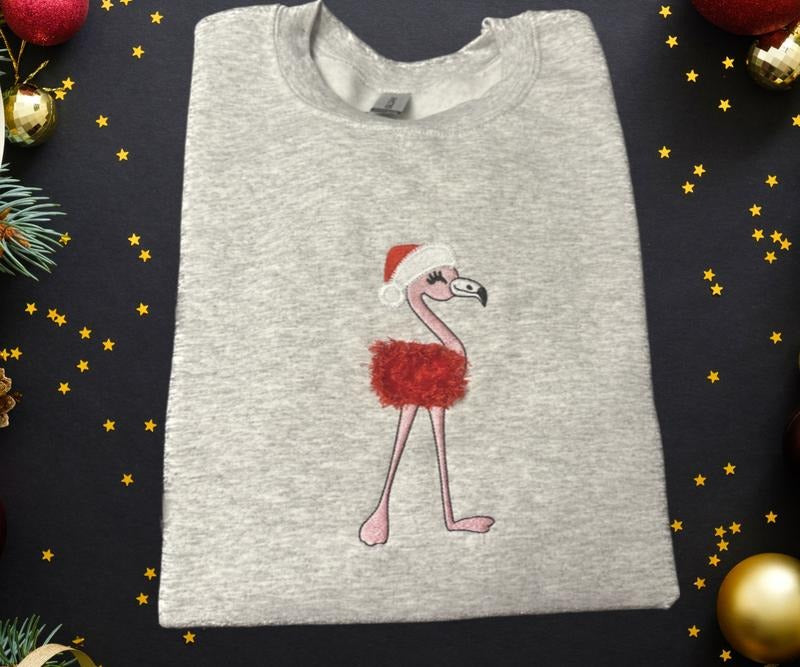 Fluffy Christmas Flamingo Embroidered Crewneck Sweatshirt T-Shirts, Hoodie | WearSparks.com