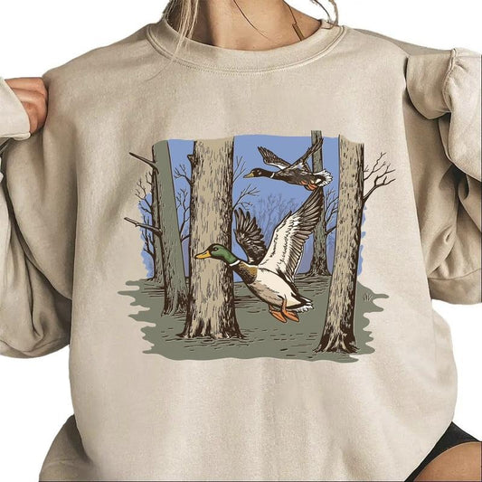 Flying Mallard Ducks Sweatshirt Forest Waterfowl Hunting Rustic Duck Hunt Scene for Shirts, Vintage Outdoor Unisex T-shirt Cotton