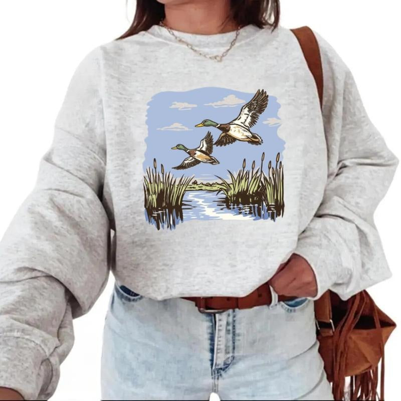 Flying Mallard Ducks Waterfowl Hunting Sweatshirt - Cotton Pullover with Duck Hunting Scene, Wetland Landscape, Womenswear Day Hoodie