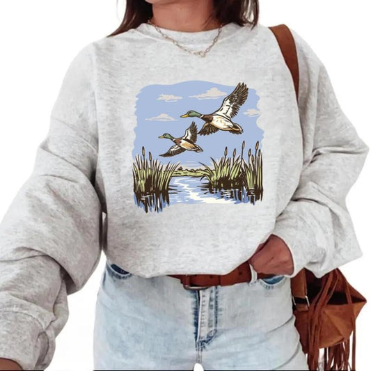 Flying Mallard Ducks Waterfowl Hunting Sweatshirt - Cotton Pullover with Duck Hunting Scene, Wetland Landscape,...