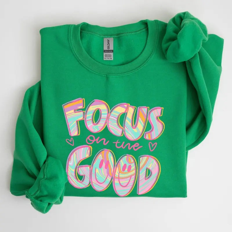 Focus On The Good, Retro, Groovy, Positivity, Mental Health Sweatshirt, Crew Neck, Women's, Crewneck