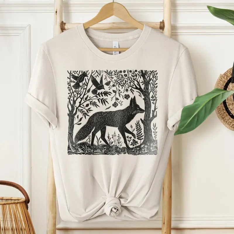 Folklore Forest Fox Lino Print Shirt - Folk Art Linocut Fox T-Shirt