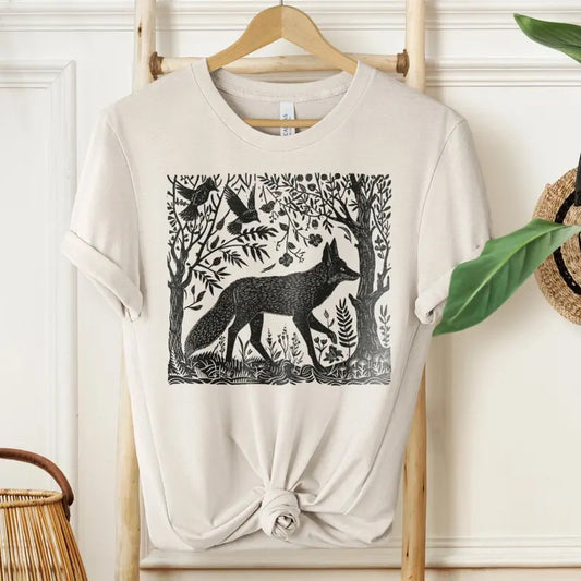 Folklore Forest Fox Lino Print Shirt - Folk Art Linocut Fox T-Shirt