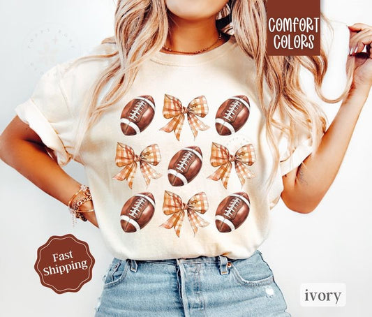 Football Bow Shirt Comfort Colors, Womens Football Tee, Game Day Shirt, Womenswear Oversized Crewneck fall coquette