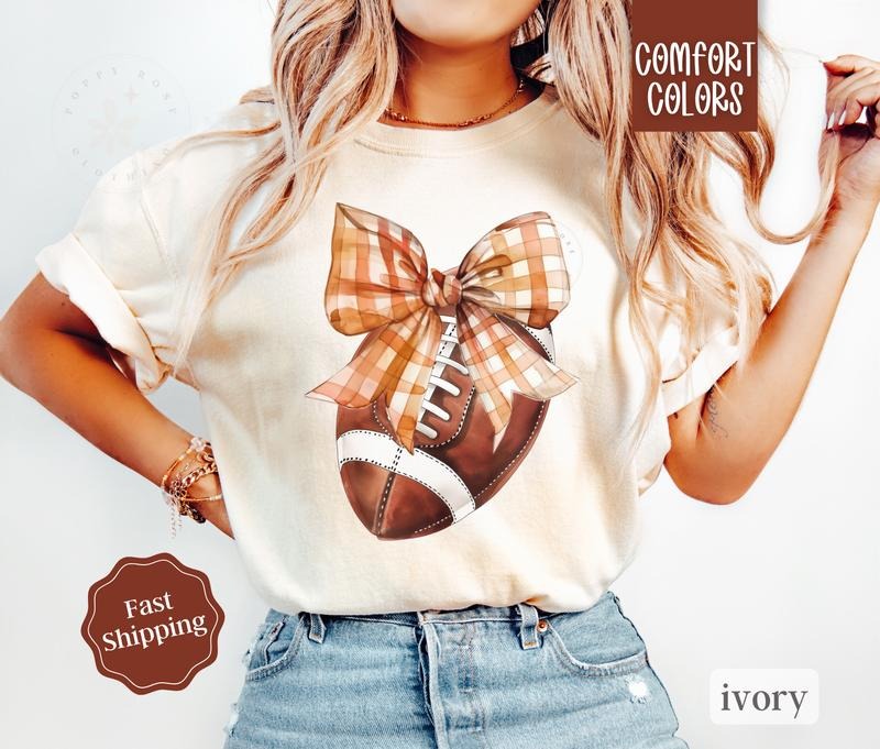 Football Bow Shirt Comfort Colors, Womens Football Tee, Game Day Shirt, Womenswear Oversized Crewneck fall coquettestyle{n002}2