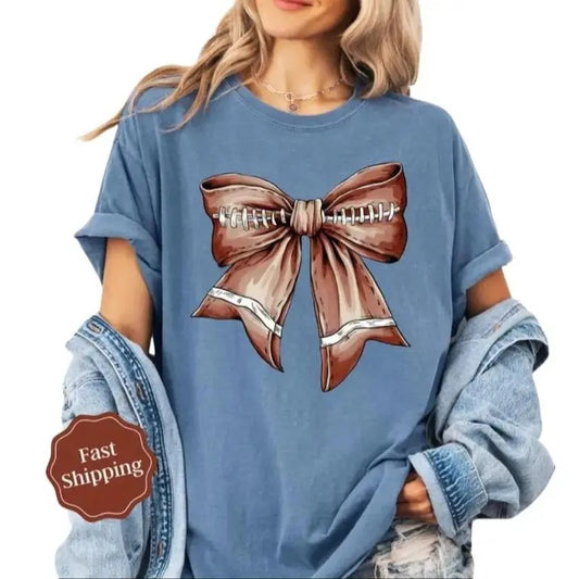 Football Bow Shirt, Womens Football Tee, Womenswear Crewneck shirt, Top Womensweater, Men Women Fashion T-shirts