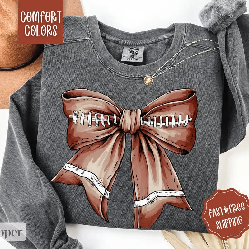 Football Bow Sweatshirt Comfort Colors, Game Day Crewneck, Fall Sweater Womenswear fall coquette