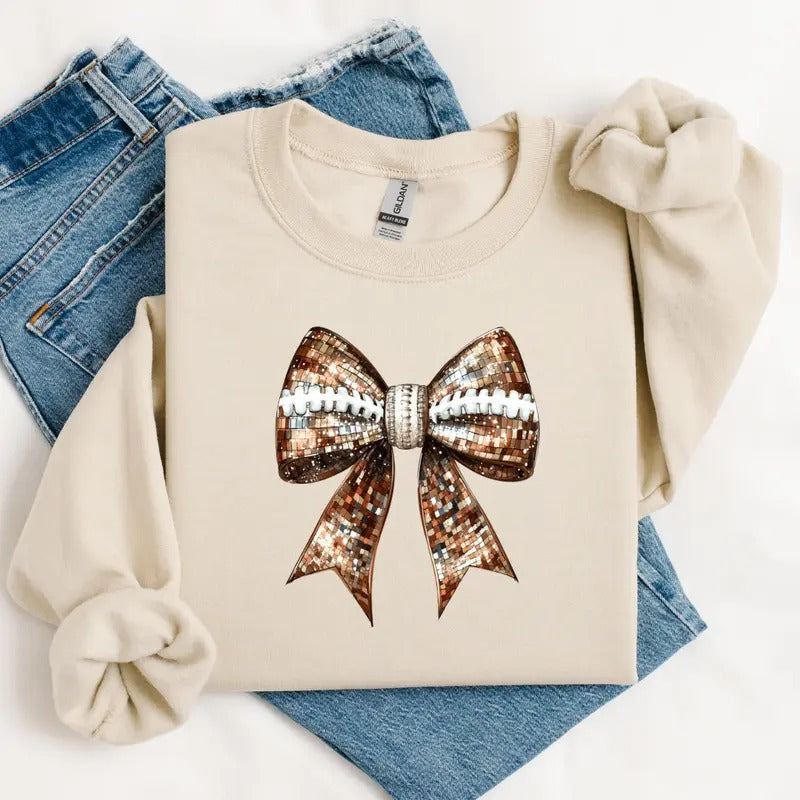 Football Bow Sweatshirt, Football Season Shirt , Football  Vibes Tee, Fall Football T-shirt, Cute Fall Sweatshirt, Full Color Print Casual Cotton