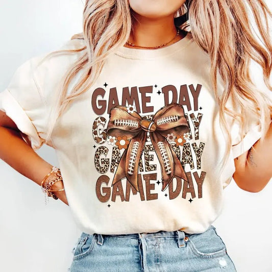 Football Coquette Bow Game Day Shirt, Gameday Womens Shirt,Tis the Football Season Shirt,Football Mom Shirt,Sports Mama Gift  Womenswear Top Streetwear Crewneck Round Neck Shortsleeve Tshirt