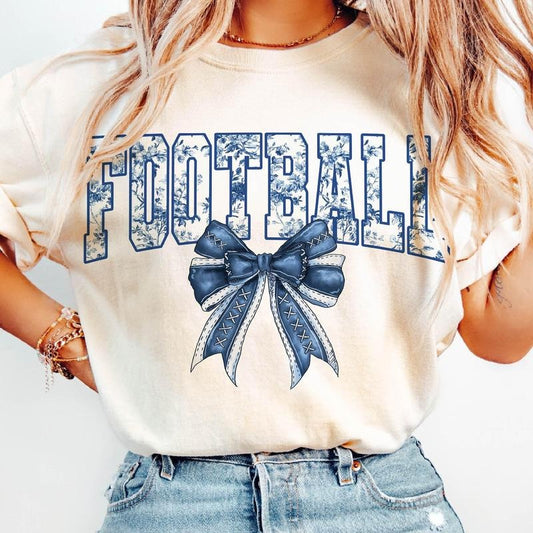Football Floral Toile Blue Water Color T-Shirt, Football Coquette Bow T-Shirt, Vintage Football Bow T-Shirt, Coquette...