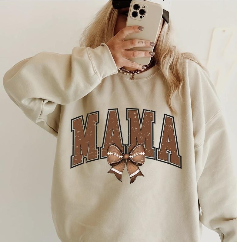 Football Mama Bow  #2 Crewneck, Retro Cotton, Crewneck Fashion Fit Sleeve Comfortable Cute, CASUAL COTTON CREWNECK HOODIE, WOMENS SWEATSHIRT Womenswear Athletic Basic Day Long Sleeves Mama