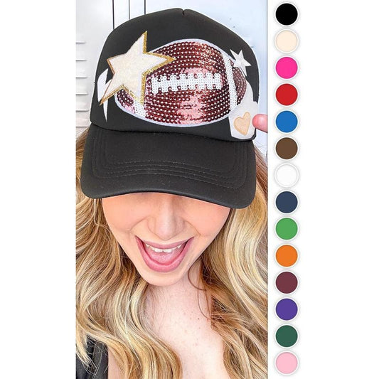 Football Patch Trucker Hat - Bold Game Day Vibes #FootballPatchHat #TruckerStyle #SequinGlow