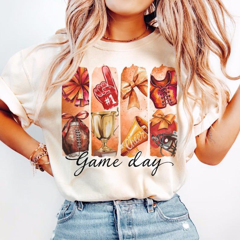Football T-shirt, Game Day Coquette, Bow, Football Mom, Touchdown, Brushstroke