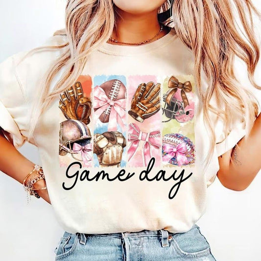 Football T-shirt, Game Day Coquette, Bow, Mama, Brushstroke Touchdown