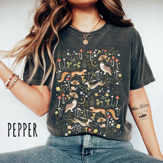 Forest Friends TShirt, Cottagecore Shirt, Summer Shirt, Forest Animals T-Shirt, Mystical Shirt, Mushroom Shirt, Gift For Her, Nature Shirt