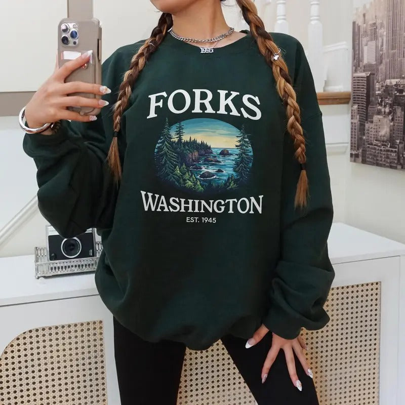 Forks Washington Sweatshirt, City of Forks Hoodie, Hoa Hoa Hoa Crewneck, Vampire Halloween Sweatshirt, Washington Pullover Sweater, Fall Vibes Womenswear Soft Long Sleeves Graphic Fabric Shirt