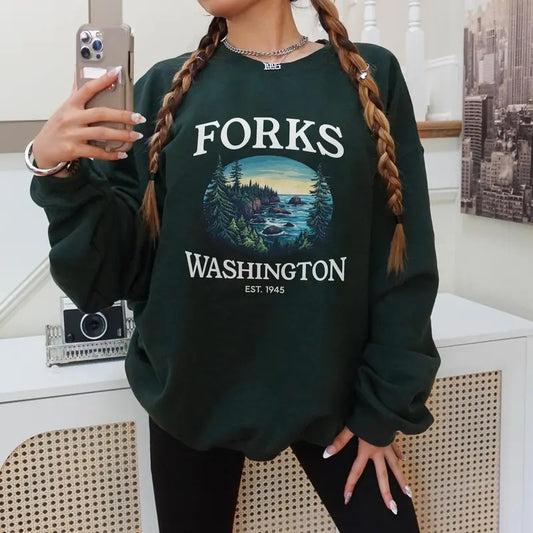 Forks Washington Sweatshirt, City of Forks Hoodie, Hoa Hoa Hoa Crewneck, Vampire Halloween Sweatshirt, Washington Pullover Sweater, Fall Vibes Womenswear Soft Long Sleeves Graphic Fabric Shirt