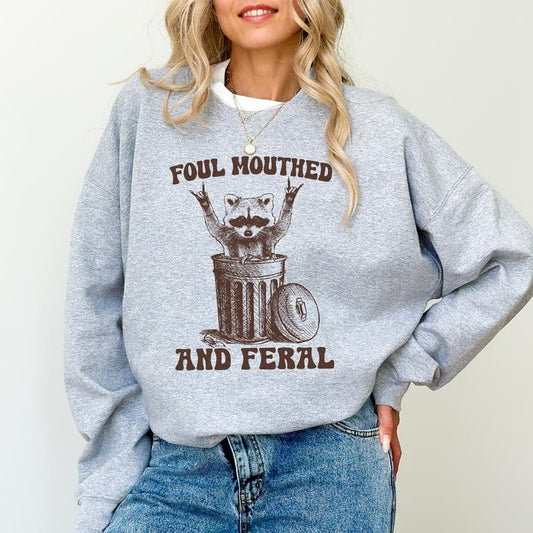 Foul Mouthed and Feral Raccoon Sweatshirt, Funny Raccoon Crewneck, Feral Mom Tops, Feral Sweatshirts for Girls, Sarcastic Sweaters for Women, Gift Ideas for Her, Long Sleeve Pullover, Comfy Womenswear