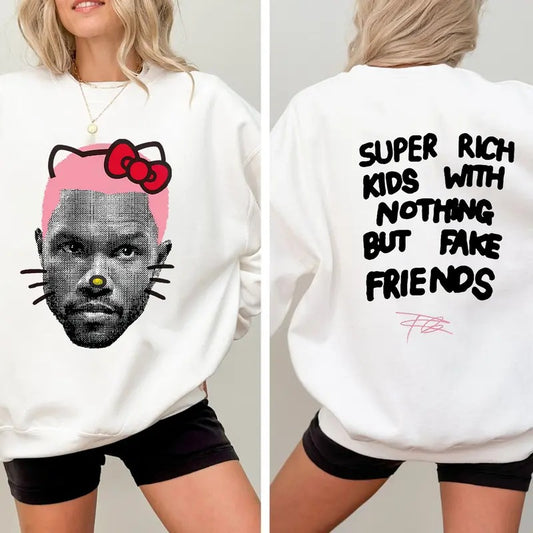 Frank PINK Kitty Big Face Graphic Rap Sweatshirt Double Sides