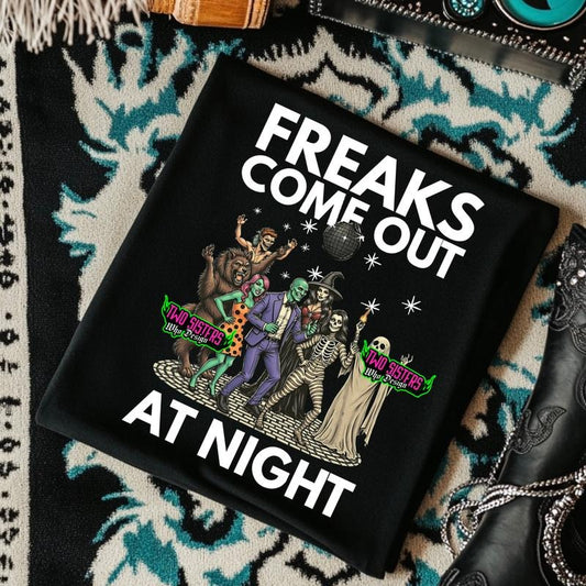 Freaks Come Out at Night Vintage Graphic Tees, Casual T-Shirt, Long Sleeve Crewneck or Hoodie, Grunge Alt Aesthetic | Edgy Streetwear, Womenswear Everyday Pullover, Halloween Piece Statement